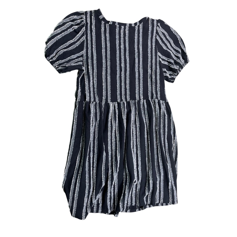 LOFT Puff Sleeve Mini Dress Small‎ Navy Fringe Stripe Textured Dress - Picture 2 of 3